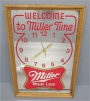 Advertising Miller beer clock. Measures 19.25" H