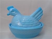 Heisey Style Blue Slag Glass Chicken Hen on Nest