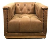 TUFTED BROWN LEATHER SWIVEL CLUB CHAIR