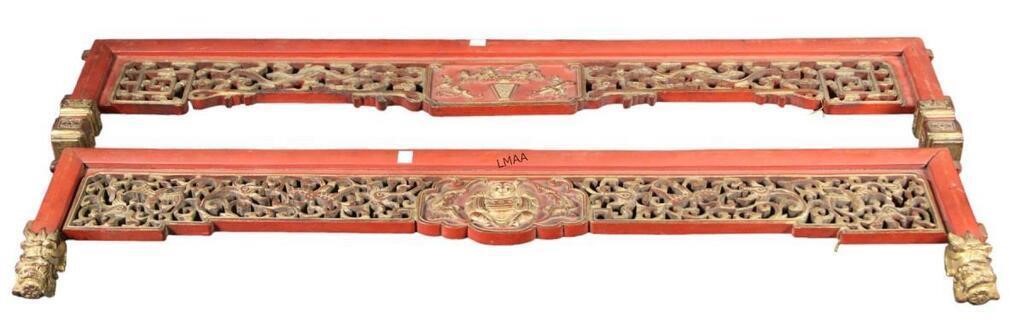 PAIR 19th C. CHINESE STRAITS GILT LACQUERED PANELS