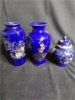 2 Vintage Porcelain Blue vases & Jar w/ Peacock