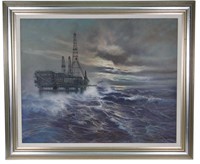 LOE FONG "NORTH SEA OIL RIG" OIL ON CANVAS