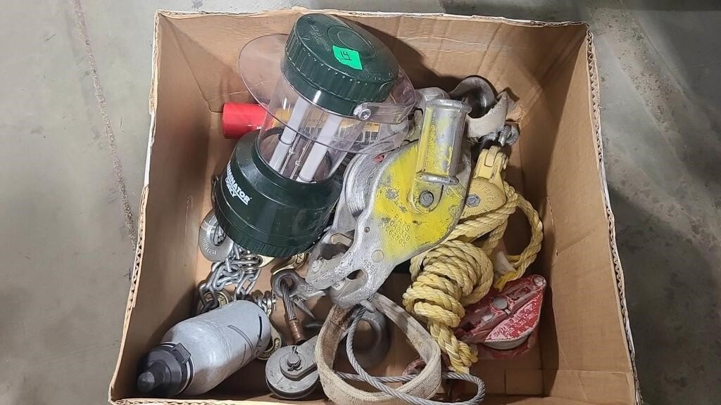 2 PULLEYS AND WIRE HOIST AND MISC ITEMS