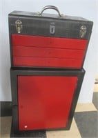 Grey Red Cabinet with Parts Inside.