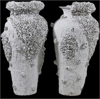 PAIR OF TALL WHITE  VASES WITH BARNACLES