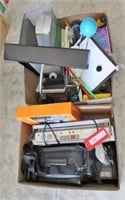 (2) boxes w/office supplies, cameras, frame, more