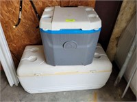 2 COOLERS 52 QT ROLLER AND LARGE IGLOO