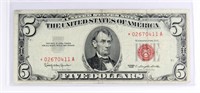 **STAR NOTE** 1963 US $5 RED SEAL BANK NOTE