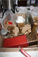 (2) boxes of vases, candlesticks, paperweight