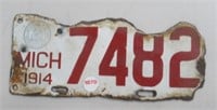 1914 License Plate. Michigan. Porcelain. Vintage.
