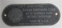 Dodge Brothers Corp Detroit Michigan Metal Plate.
