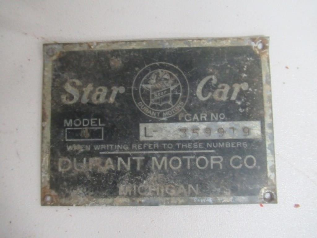 Star Car Durant Motor Co. Metal Plate. Original.