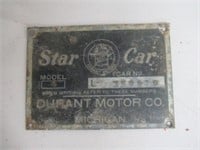 Star Car Durant Motor Co. Metal Plate. Original.