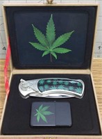 Knife and lighter set, marijuana leaf