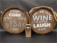 Two Wine Barrel Signs and Bottle Stopper