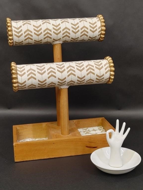 Two-Tier Wooden Jewelry T-bar & Hand Ring Holder