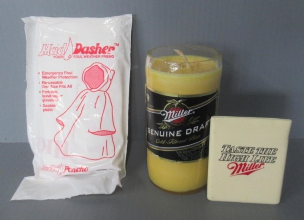 Vintage Miller Beer candle, rain coat, and pocket