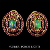 Natural Untreated White Opal & Ruby Earrings