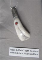 Fossil Buffalo Tooth Pendant Inset Red Coral