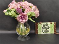 Glass Vase Rose Display, Love Never Fails Sign