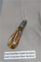 Fossil Buffalo Tooth Pendant Inset Turquoise