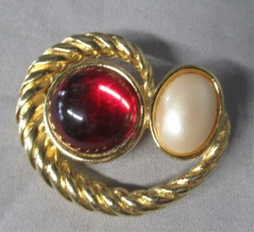 Vintage Red Chabon and pearl brooch.