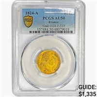 1824-A France 20 Francs .1867oz. Gold PCGS AU50