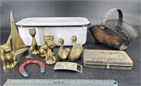 Vintage Enamel Covered Pan, 7 Brass Figurines,