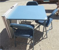 Blue card table with (3) chairs and 6' aluminum