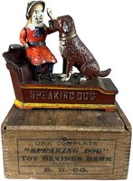BOXED SPEAKING DOG MECHANICAL BANK