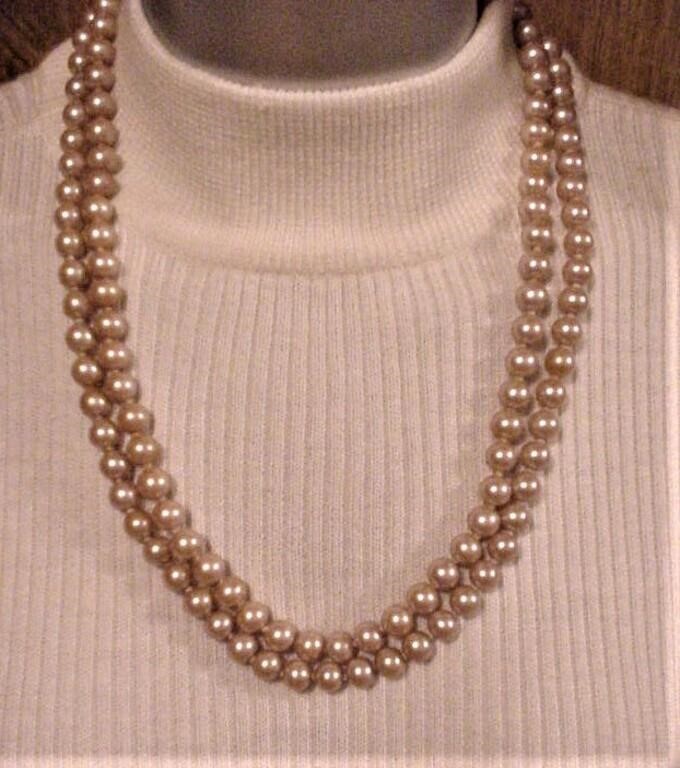 Vtg Long Double Strand Knotted Faux Pearls