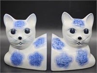 Vintage Heavy Blue & White Cat Bookends