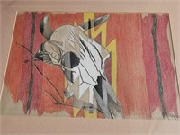 Southwestern Art Sketch of Cow Skull on Blanket
