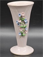 Vtg. Pink Ceramic Footed Vase w/ Applied Flowers