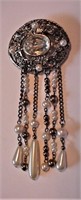 Vtg Pearl Faceted Stone Chatelaine Pin Brooch