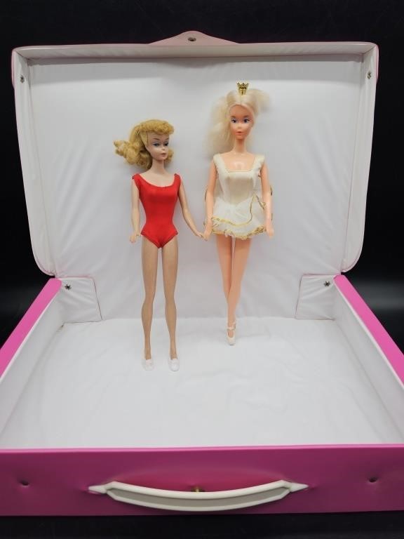 2- Vintage 1960's Barbie Dolls w/ Pink Doll Case