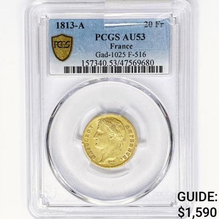 1813-A France 20 Francs .19oz. Gold PCGS AU53