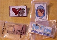 Vtg Postage Stamp Pins Cardinal Ship