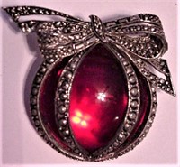 Vtg Red Glass & Metal Bow Ornament Pin Brooch