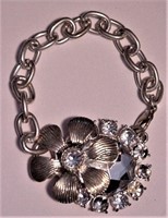 Vtg Rhinestone Daisy Flower Bracelet w/ Chain
