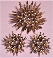 Vtg Sunburst Brooch & Earrings Set Goldtone