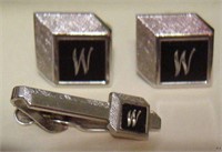 Vtg SWANK Cufflinks & Tiebar Initial "W" NWOB