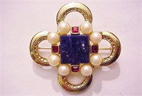 Vtg Unsigned Pin Brooch w/ Faux Pearls Rubies