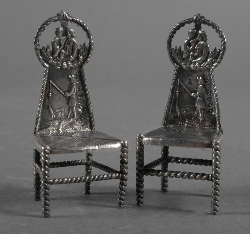 2 MINIATURE ANTIQUE STERLING CHAIRS, 1892