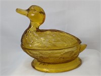 Vintage Amber Glass Duck Nest Covered Dish
