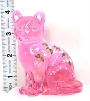 Fenton pink opalescent cat w/ flowers on back
