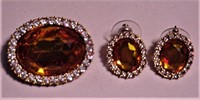 D.A.R. Glass/Rhinestones Brooch Earrings Set NWOT