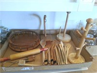 VTG WOODEN ROLLING PIN, SPOONS, LAZY SUSAN &
