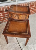 Vintage Leather Top Wooden End Table w Drawer