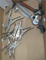 Vise grips, 12" adjustable Craftsman wrench,
